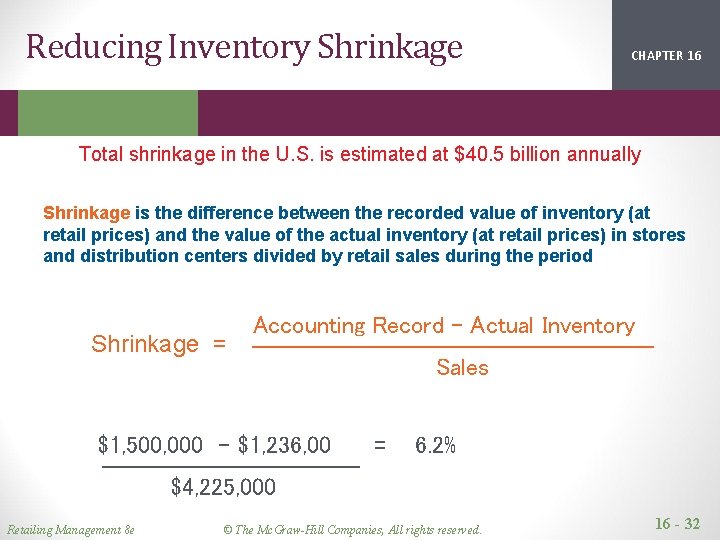 Reducing Inventory Shrinkage CHAPTER 16 2 1 Total shrinkage in the U. S. is