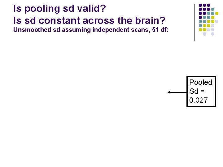 Is pooling sd valid? Is sd constant across the brain? Unsmoothed sd assuming independent Is pooling sd valid? Is sd constant across the brain? Unsmoothed sd assuming independent