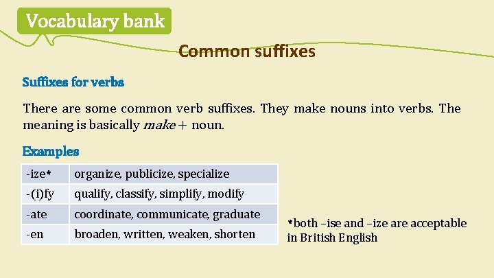 Vocabulary bank Common suffixes Suffixes for verbs There are some common verb suffixes. They