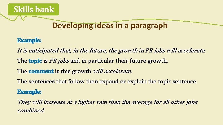 Skills bank Developing ideas in a paragraph Example: It is anticipated that, in the
