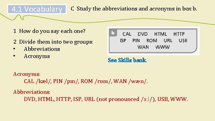 4. 1 Vocabulary C Study the abbreviations and acronyms in box b. 1 How