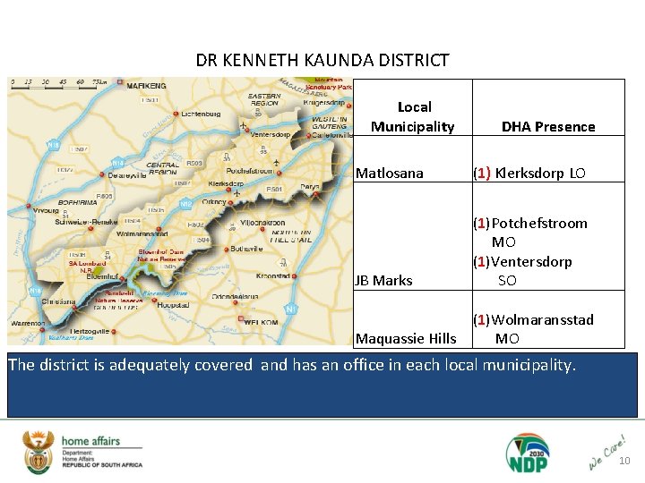 DR KENNETH KAUNDA DISTRICT Local Municipality DHA Presence Matlosana (1) Klerksdorp LO JB Marks