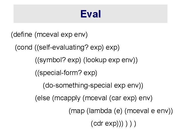 Eval (define (mceval exp env) (cond ((self-evaluating? exp) ((symbol? exp) (lookup exp env)) ((special-form?