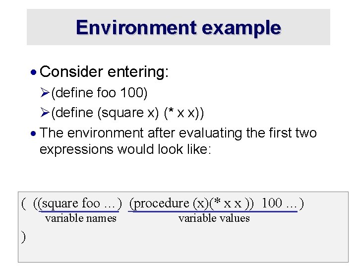 Environment example · Consider entering: Ø(define foo 100) Ø(define (square x) (* x x))