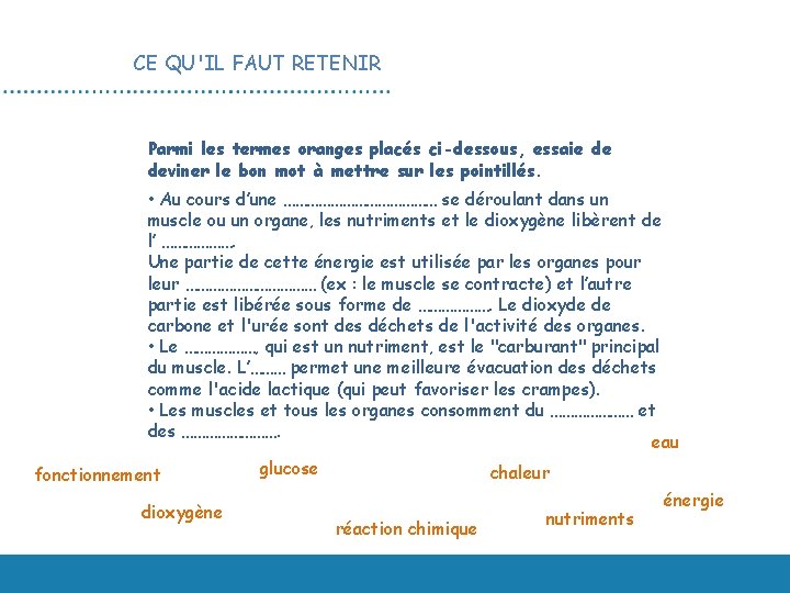 CE QU'IL FAUT RETENIR Parmi les termes oranges placés ci-dessous, essaie de deviner le CE QU'IL FAUT RETENIR Parmi les termes oranges placés ci-dessous, essaie de deviner le