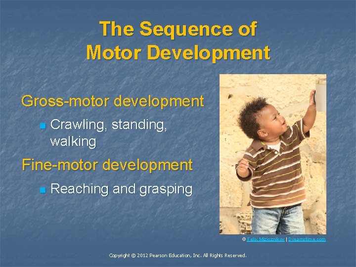 The Sequence of Motor Development Gross-motor development n Crawling, standing, walking Fine-motor development n