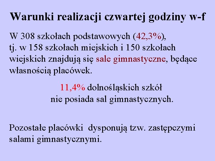 Warunki realizacji czwartej godziny w-f W 308 szkołach podstawowych (42, 3%), tj. w 158