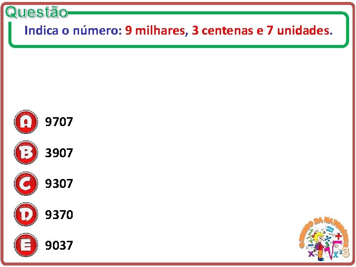 Questão Indica o número: 9 milhares, 3 centenas e 7 unidades. 9707 3907 9370