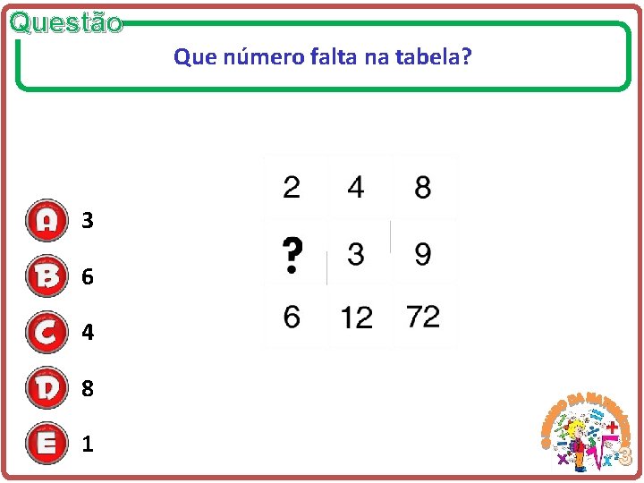 Questão Que número falta na tabela? 3 6 4 8 1 3 