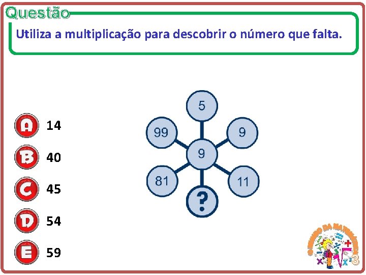 Questão Utiliza a multiplicação para descobrir o número que falta. 14 40 45 54