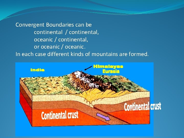 Convergent Boundaries can be continental / continental, oceanic / continental, or oceanic / oceanic.
