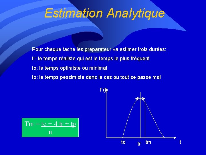 Estimation Analytique Pour chaque tache les préparateur va estimer trois durées: tr: le temps