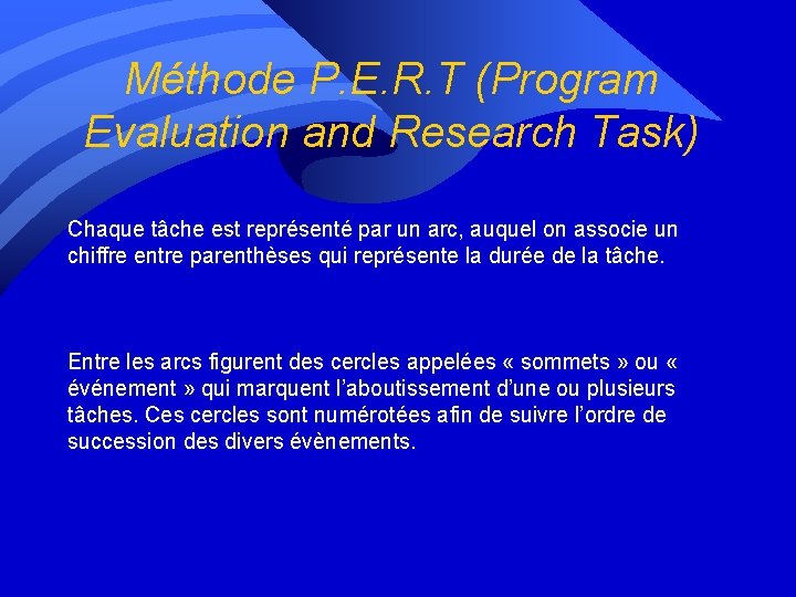 Méthode P. E. R. T (Program Evaluation and Research Task) Chaque tâche est représenté