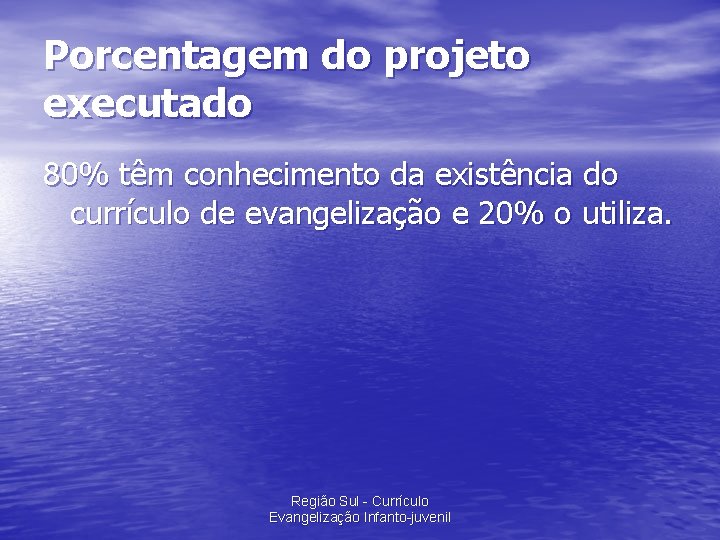 Porcentagem do projeto executado 80% têm conhecimento da existência do currículo de evangelização e