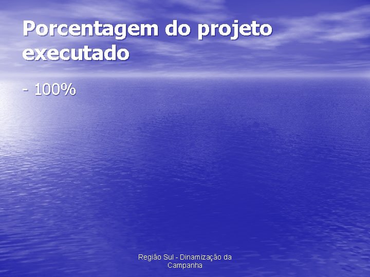 Porcentagem do projeto executado - 100% Região Sul - Dinamização da Campanha 