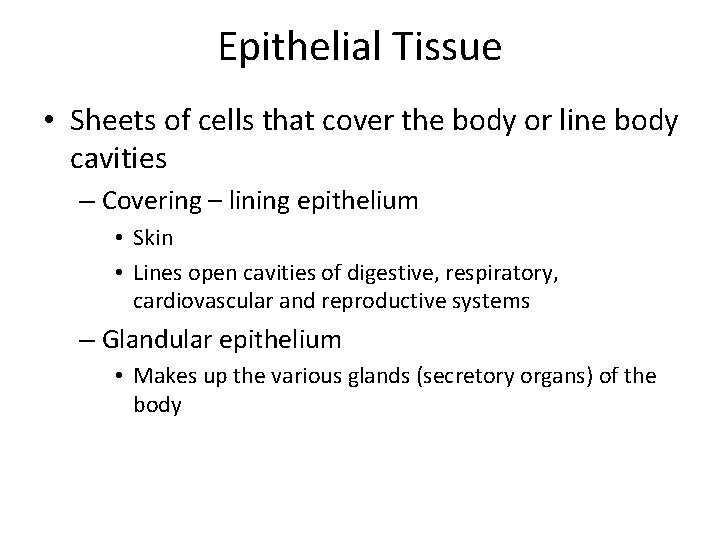 Epithelial Tissue • Sheets of cells that cover the body or line body cavities Epithelial Tissue • Sheets of cells that cover the body or line body cavities