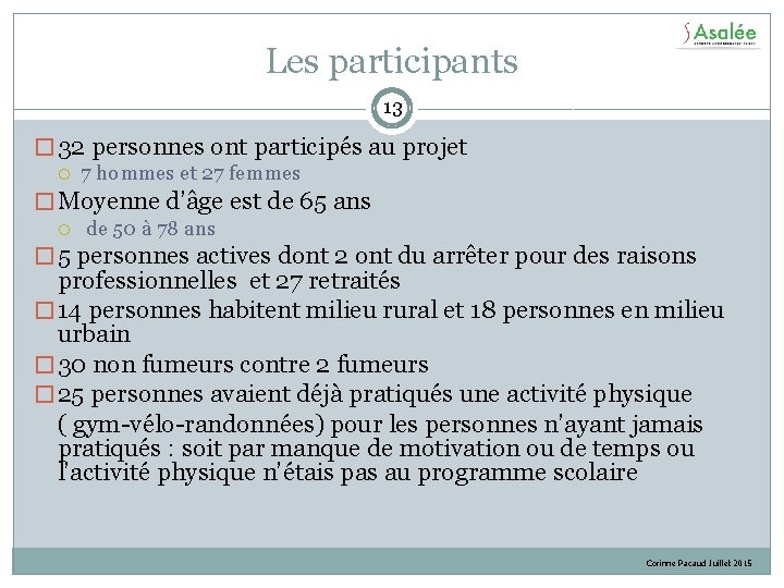 Les participants 13 � 32 personnes ont participés au projet 7 hommes et 27