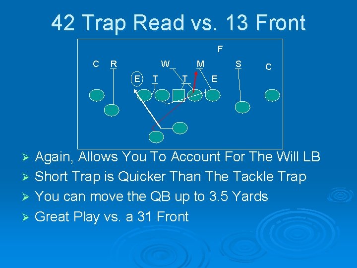 42 Trap Read vs. 13 Front F C R W E T M T