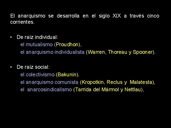 El anarquismo se desarrolla en el siglo XIX a través cinco corrientes. • De