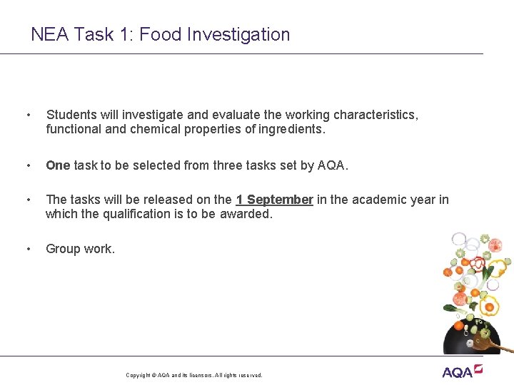 NEA Task 1: Food Investigation • Students will investigate and evaluate the working characteristics,