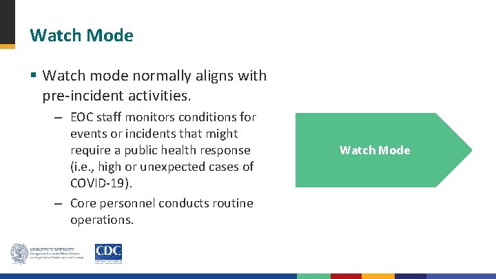Watch Mode § Watch mode normally aligns with pre-incident activities. – EOC staff monitors