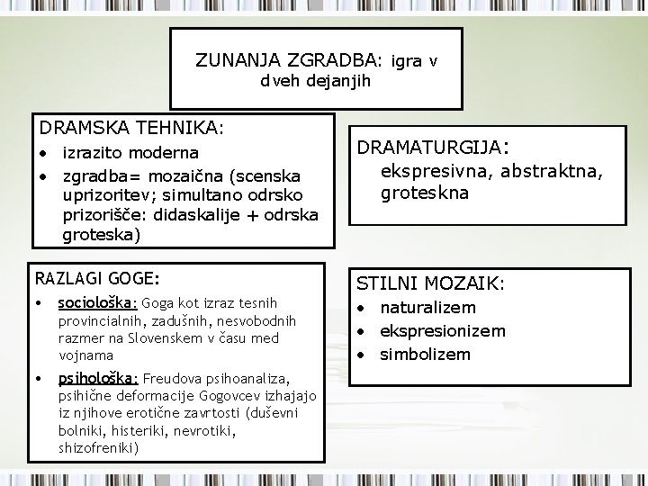 ZUNANJA ZGRADBA: igra v dveh dejanjih DRAMSKA TEHNIKA: • izrazito moderna • zgradba= mozaična