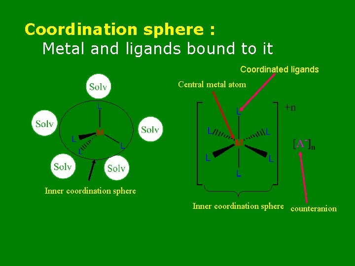 Coordination sphere : Metal and ligands bound to it Coordinated ligands Central metal atom