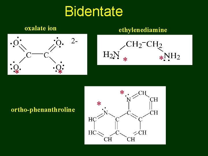 Bidentate oxalate ion ethylenediamine * * * ortho-phenanthroline * * * 