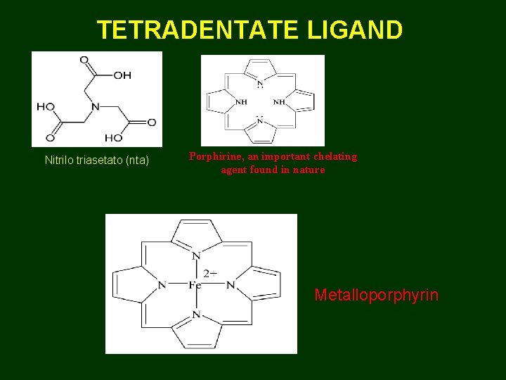 TETRADENTATE LIGAND Nitrilo triasetato (nta) Porphirine, an important chelating agent found in nature Metalloporphyrin