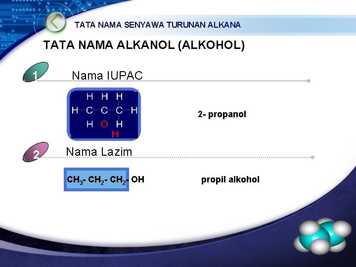 TATA NAMA SENYAWA TURUNAN ALKANA TATA NAMA ALKANOL (ALKOHOL) 1 Nama IUPAC 2 -