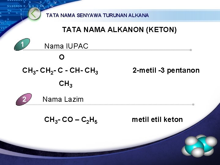 TATA NAMA SENYAWA TURUNAN ALKANA TATA NAMA ALKANON (KETON) 1 Nama IUPAC O CH