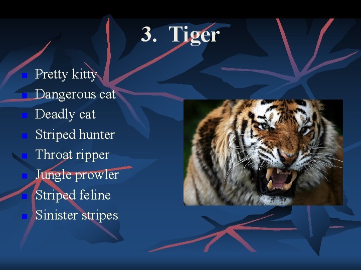 3. Tiger n n n n Pretty kitty Dangerous cat Deadly cat Striped hunter