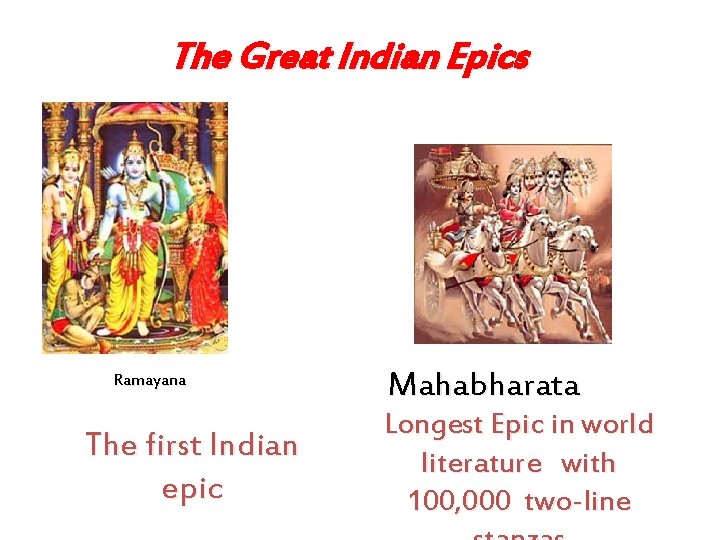 The Great Indian Epics Ramayana The first Indian epic Mahabharata Longest Epic in world