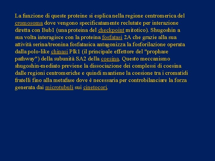La funzione di queste proteine si esplica nella regione centromerica del cromosoma dove vengono
