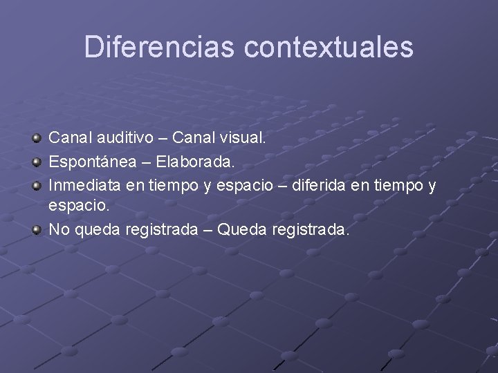 Diferencias contextuales Canal auditivo – Canal visual. Espontánea – Elaborada. Inmediata en tiempo y Diferencias contextuales Canal auditivo – Canal visual. Espontánea – Elaborada. Inmediata en tiempo y