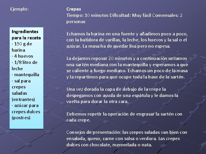 Ejemplo: Ingredientes para la receta · 150 g de harina · 4 huevos · Ejemplo: Ingredientes para la receta · 150 g de harina · 4 huevos ·