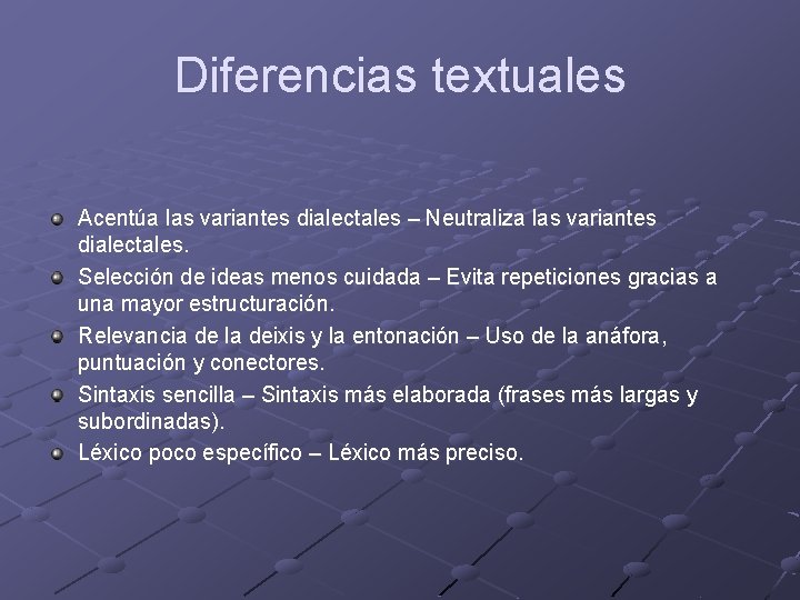 Diferencias textuales Acentúa las variantes dialectales – Neutraliza las variantes dialectales. Selección de ideas Diferencias textuales Acentúa las variantes dialectales – Neutraliza las variantes dialectales. Selección de ideas