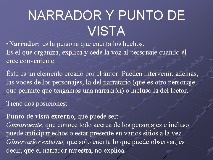 NARRADOR Y PUNTO DE VISTA • Narrador: es la persona que cuenta los hechos. NARRADOR Y PUNTO DE VISTA • Narrador: es la persona que cuenta los hechos.