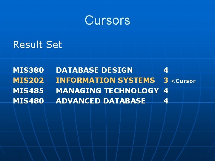 Cursors Result Set MIS 380 MIS 202 MIS 485 MIS 480 DATABASE DESIGN INFORMATION