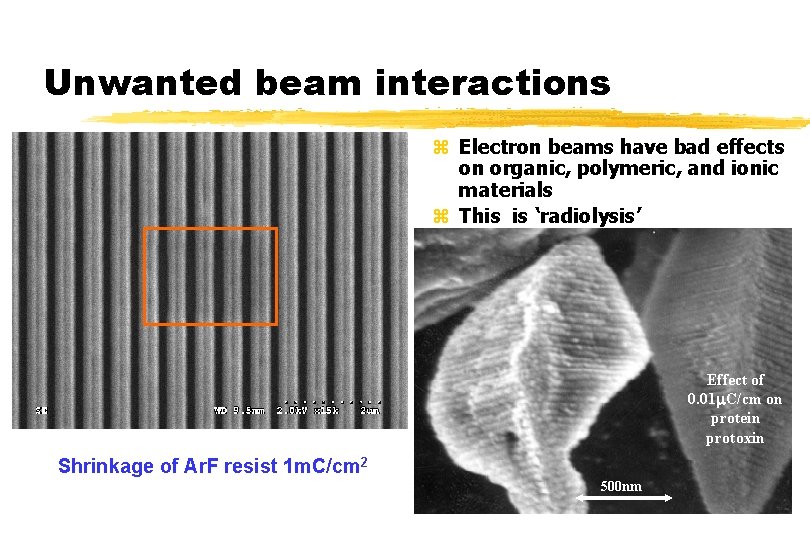Unwanted beam interactions z Electron beams have bad effects on organic, polymeric, and ionic