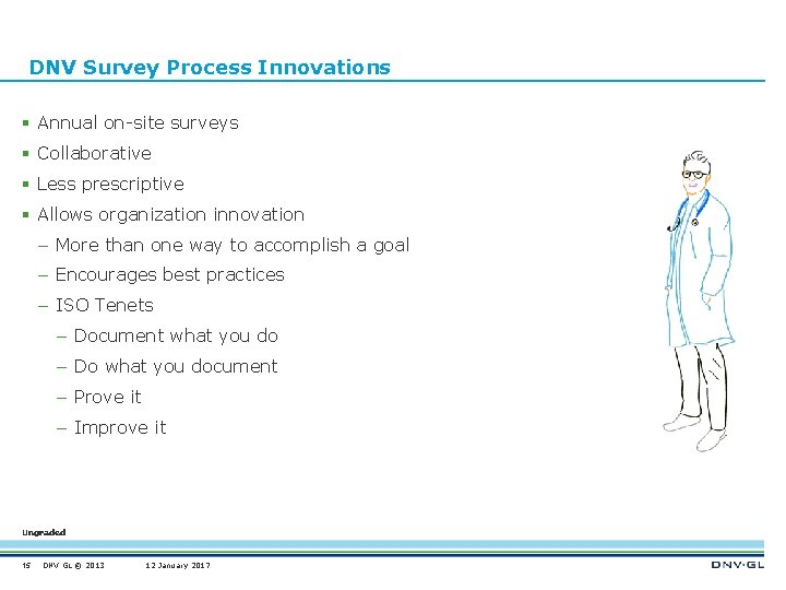 DNV Survey Process Innovations § Annual on-site surveys § Collaborative § Less prescriptive §