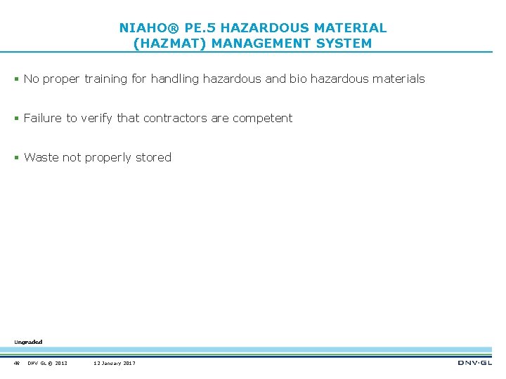 NIAHO® PE. 5 HAZARDOUS MATERIAL (HAZMAT) MANAGEMENT SYSTEM § No proper training for handling