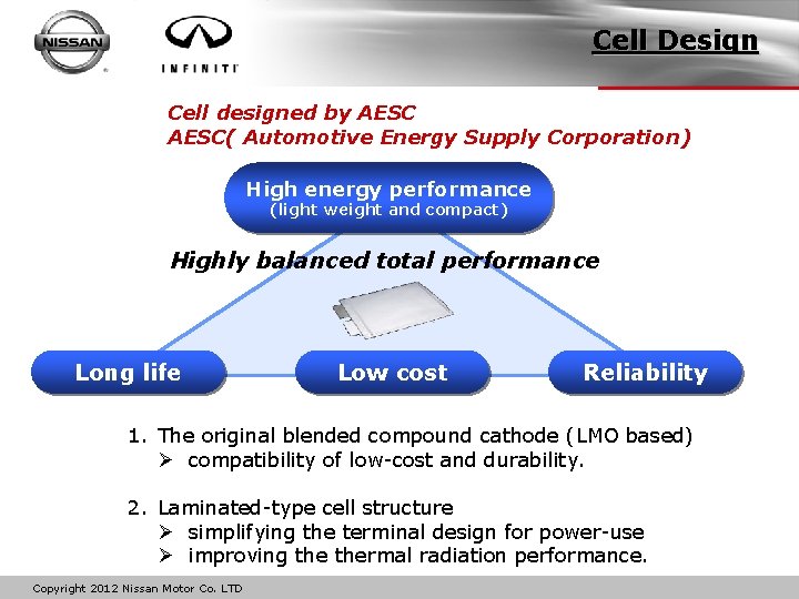 Cell Design Cell designed by AESC( Automotive Energy Supply Corporation) High energy performance (light
