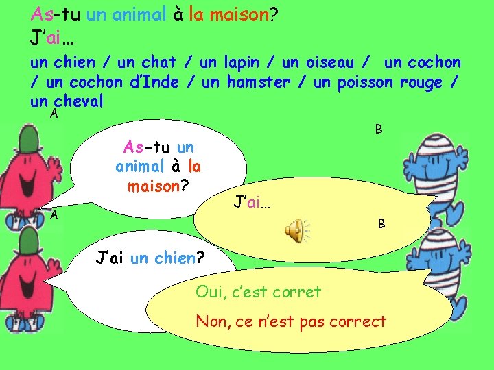 As-tu un animal à la maison? J’ai… un chien / un chat / un