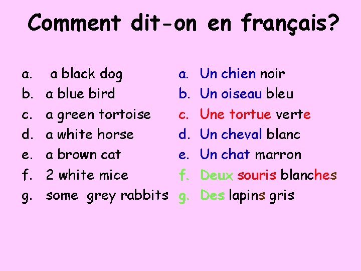 Comment dit-on en français? a. b. c. d. e. f. g. a black dog