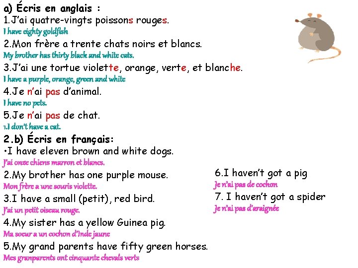 a) Écris en anglais : 1. J’ai quatre-vingts poissons rouges. I have eighty goldfish