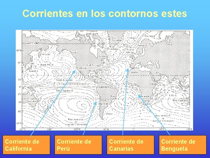 Corrientes en los contornos estes Corriente de California Corriente de Perú Corriente de Canarias