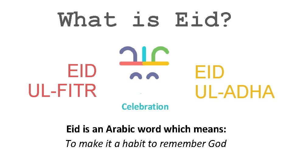 What is Eid? EID UL-FITR Celebration EID UL-ADHA Eid is an Arabic word which