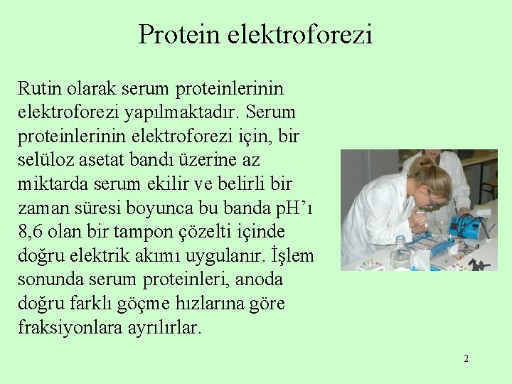 Protein elektroforezi Rutin olarak serum proteinlerinin elektroforezi yapılmaktadır. Serum proteinlerinin elektroforezi için, bir selüloz