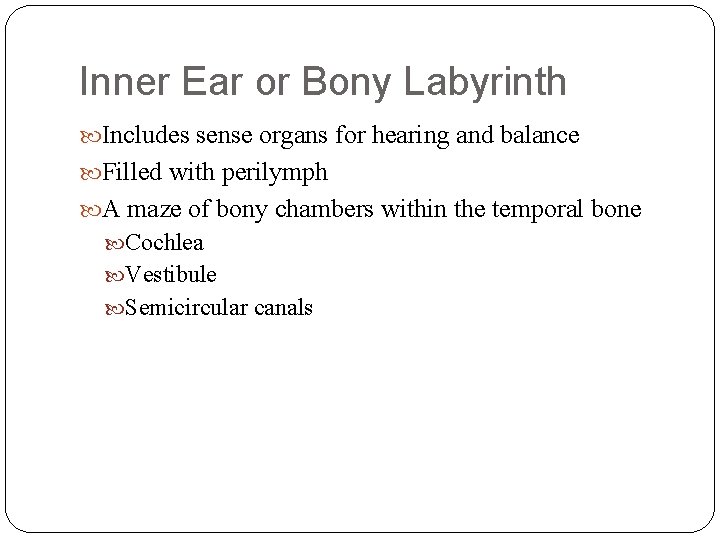 Inner Ear or Bony Labyrinth Includes sense organs for hearing and balance Filled with